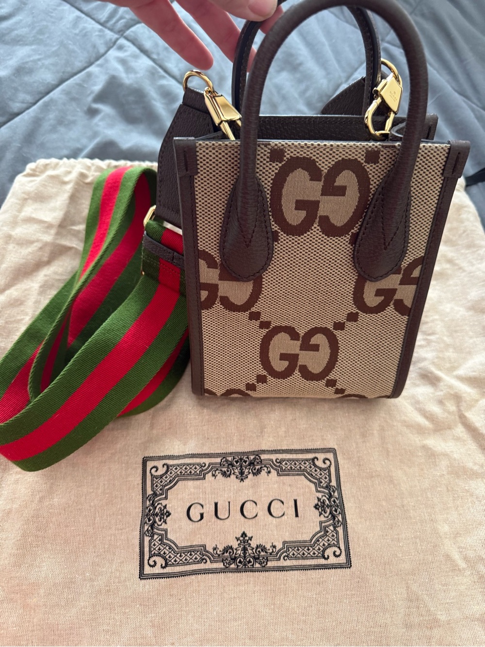 Gucci Brown/Beige GG Mini Tote with Green-Red Web Strap - Picture 3 of 11